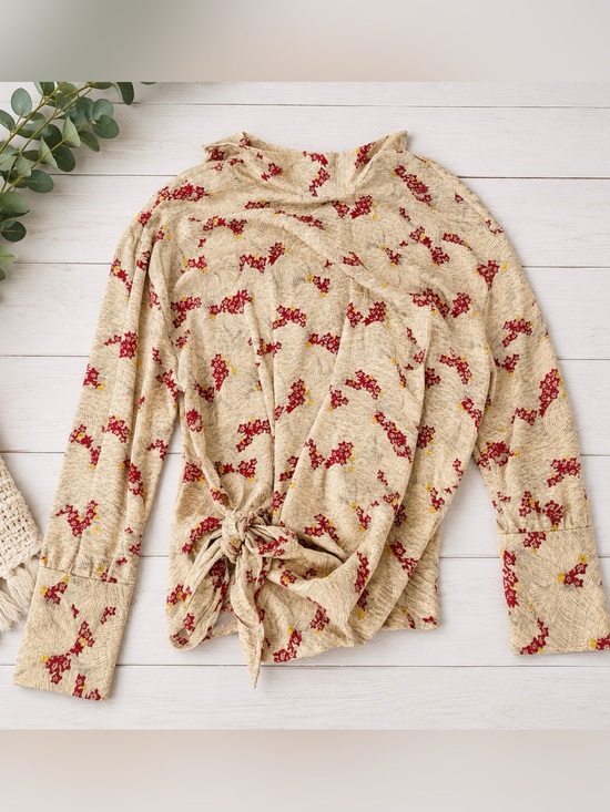 Zara Tops - NWT Zara Floral Wrap Tie Blouse Top XS Beige Red Long Sleeve Linen Blend Boho
